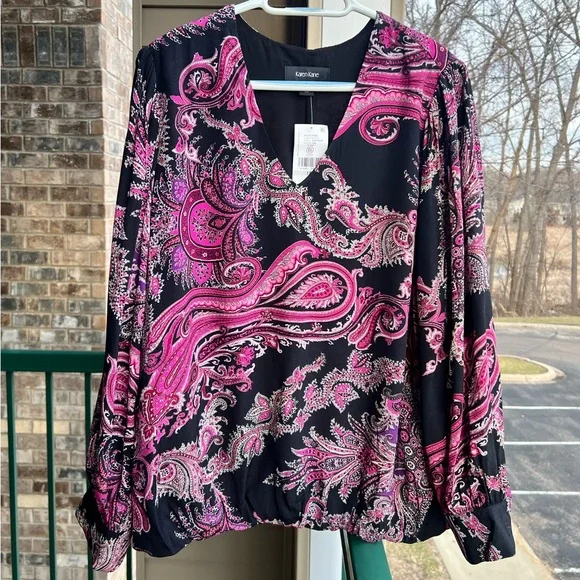 🆕 🇮🇹 Karen Kane Paisley Pink Black Blouse V-Neck Elastic Waist Pullover - Picture 4 of 9